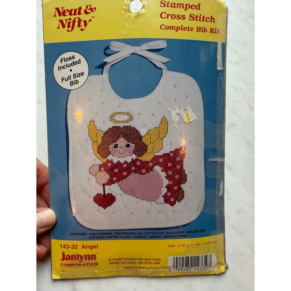 VTG Janlynn Stamped Cross Stitch Bib Kit 9.5x11 White Angel DIY Craft